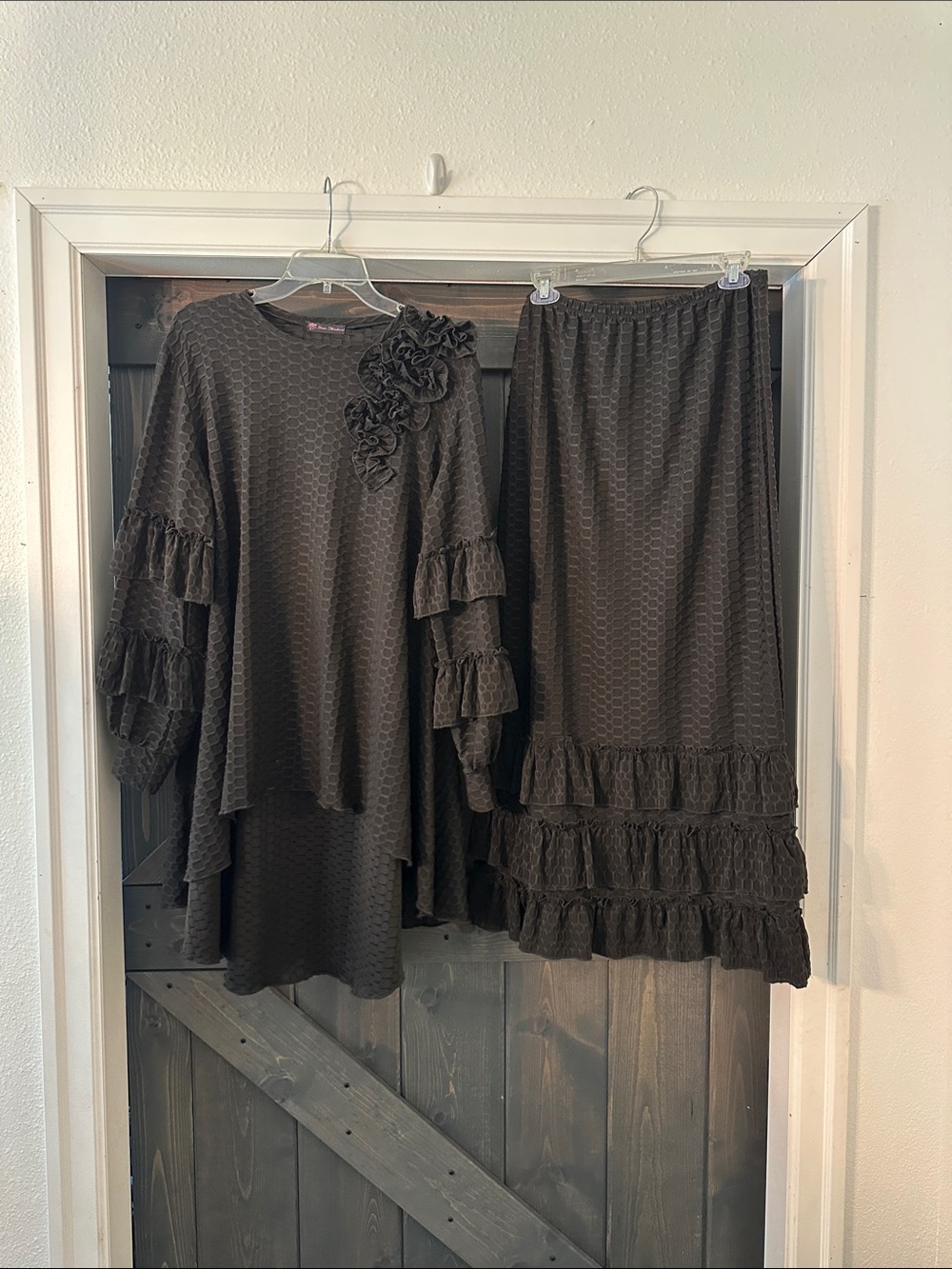 Black Ruffled Two-Piece Top & Skirt Set